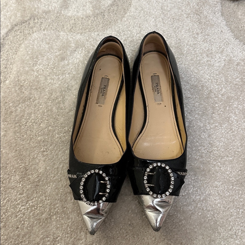 Prada Black Patent Leather Flats with Silver Pointed Toe & Crystal Buckle